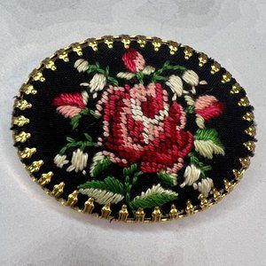 Black Cross Stitch Embroidered Flower Gold Tone Vintage Style Brooch
